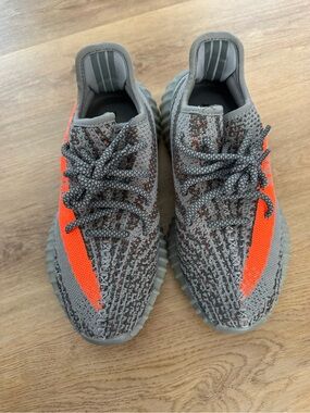 Yeezy Gray Knit Sneakers with Orange Accents
